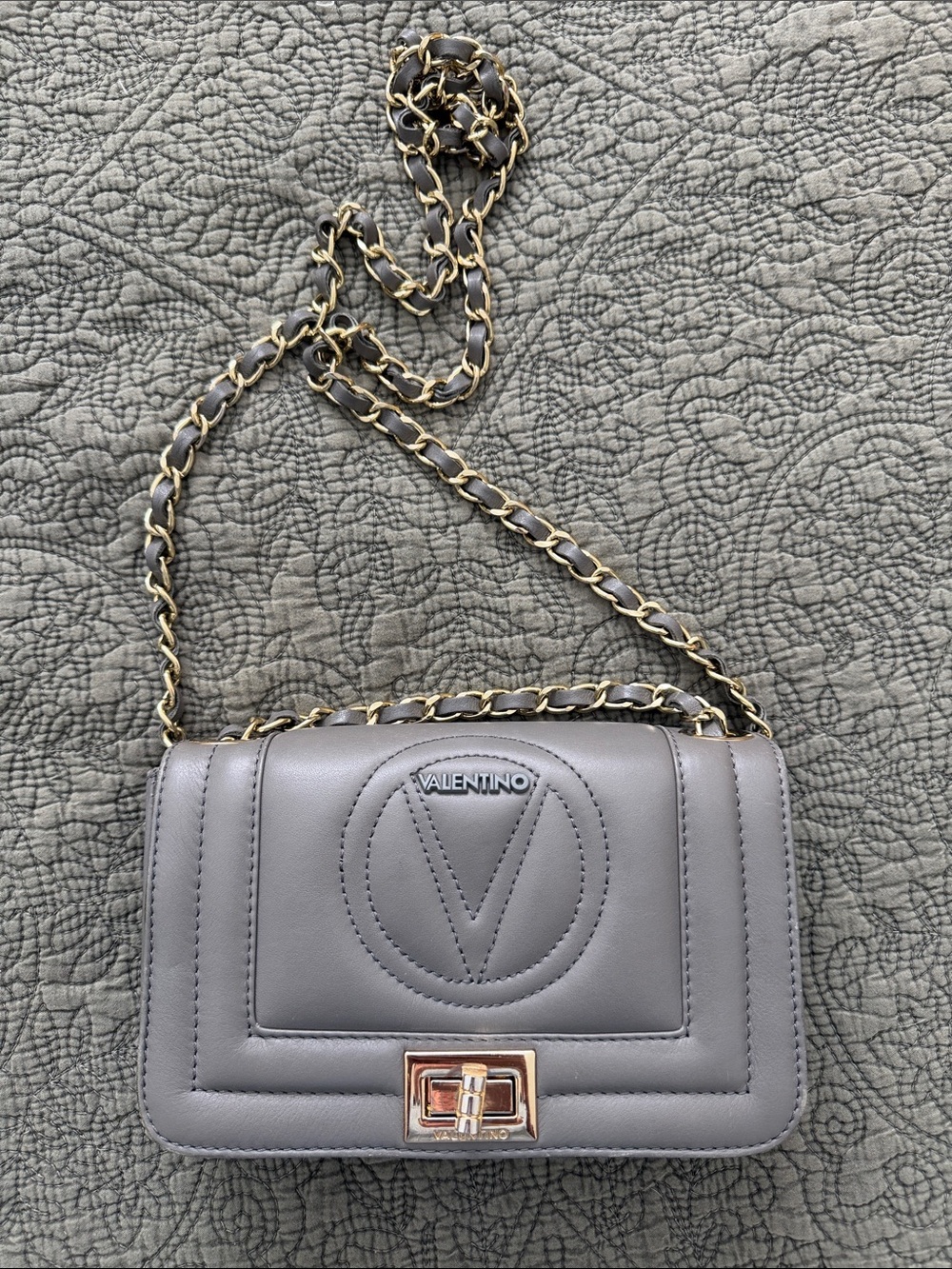 Valentino Gray Quilted Leather Chain Crossbody with Gold Hardware